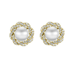 Luxusní pozlacené náušnice s krystaly a perlou Rich pearl 42310.G