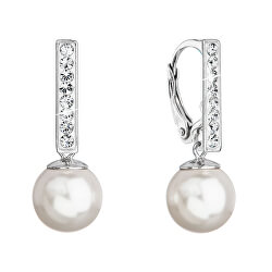 Elegantné strieborné náušnice so syntetickou perlou a kryštály 71121.1 biela