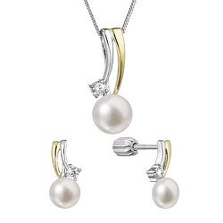 Perlová souprava šperků se zirkony a říční perlou 29071.1B (náušnice, řetízek, přívěsek)