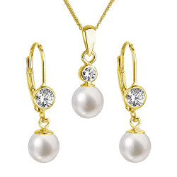 Pozlátená sada šperkov so zirkónmi a pravými perlami 29006.1 (náušnice, retiazka, prívesok)