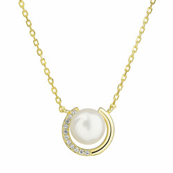 Pozlátený náhrdelník s pravou riečnou perlou a zirkónmi 22039.1 (retiazka, prívesok)