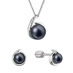 Sada stříbrných šperků s černými říčními perlami 29063.3B black (náušnice, řetízek, přívěsek)