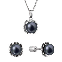 Sada stříbrných šperků s černými říčními perlami 29065.3B black (náušnice, řetízek, přívěsek)