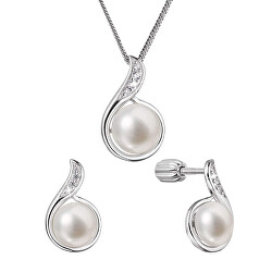 Sada strieborných šperkov so zirkónmi a pravými perlami 29050.1B (náušnice, retiazka, prívesok)