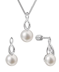 Súprava strieborných šperkov so zirkónmi a pravými perlami 29052.1B (náušnice, retiazka, prívesok)