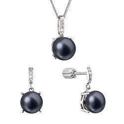 Set de bijuterii cu perle decorate cu pietre de zircon 29072.3B black (cercei, lănțișor, pandantiv)