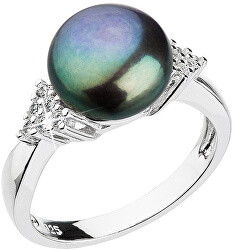 Stříbrný prsten s tmavou říční perlou a zirkony 25002.3