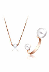 Elegantní bronzová sada šperků s perličkami WS098R (náhrdelník, prsten)
