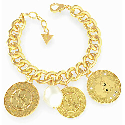 Brățară distinctivă placată cu aur cu pandantive Guess Coin UBB79150