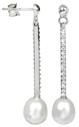 Dlouhé stříbrné náušnice s perlou a krystaly JL0195