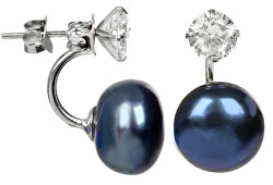 Stříbrné náušnice s pravou modrou perlou a krystalem 2v1 JL0225