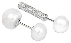 Stříbrné asymetrické náušnice s pravými bílými perlami a zirkony JL0256