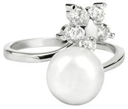 Strieborný prsteň s pravou perlou a čírymi kryštálmi JL0322