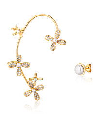 Orecchini lussuosi asimmetrici placcati oro con perle e zirconi - orecchio destro JL0777
