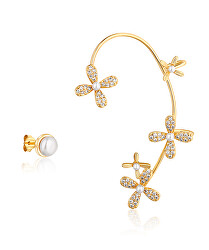 Luxuriöse vergoldete asymmetrische Ohrringe mit Perlen und Zirkonen - linker Ohrring zum Anziehen JL0776