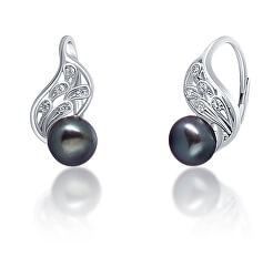 Cercei de argint de lux cu perle negre reale JL0674