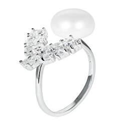 Luxusný strieborný prsteň s pravou perlou a kryštály JL0547
