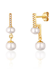 Einfallsreiche gelbgoldene Ohrringe mit echten Perlen und Zirkonen JL0772