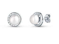 Něžné stříbrné náušnice se zirkony a pravou perlou JL0832