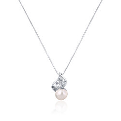 Něžný náhrdelník s pravou perlou a zirkony JL0749 (řetízek, přívěsek)