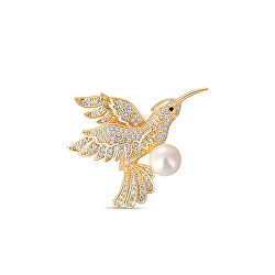 Splendida spilla Colibrì placcata in oro con vera perla JL0516