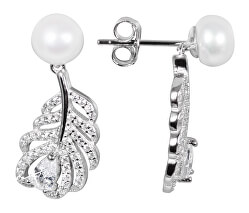 Perlové náušnice s bielou pravou perlou a zirkónmi Peříčka JL0536