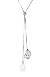 Perlový náhrdelník peříčko s bílou pravou perlou a zirkony JL0537