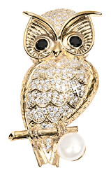 Owl broșă de aur cu perle autentice și cristale JL0509