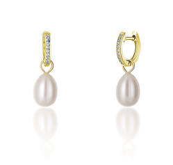 Pozlacené kruhové náušnice á la vévodkyně Kate s pravou perlou a zirkony 3v1 JL0686