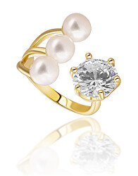 Pozlátený prsteň s pravými perlami a kryštálom JL0694