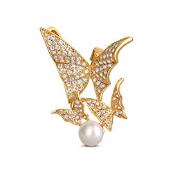 Překrásná pozlacená brož s pravou perlou 2v1 - motýlci JL0630