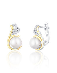 Silber Bicolor Ohrringe mit echten Perlen und Zirkonen JL0720