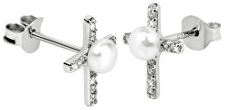 Stříbrné náušnice Křížek s pravou perlou a zirkony JL0368