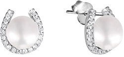 Stříbrné náušnice podkova s pravou perlou a zirkony JL0585