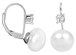 Strieborné náušnice s bielou perlou a kryštálom JL0400