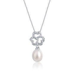 Stříbrný náhrdelník se zirkony a pravou perlou JL0610