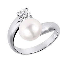 Strieborný prsteň s bielou perlou a čírym kryštálom JL0432