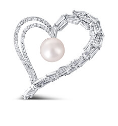 Broșă strălucitoare de inimă asimetrică cu perle reale și cristale JL0696
