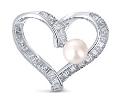 Trblietavá brošňa srdce s pravou perlou a kryštály JL0695