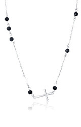 Stylový stříbrný náhrdelník s onyxy a křížkem SVLN0207SH2ON42