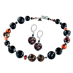 Elegante set collana e orecchini Red Challenge realizzati con perle Lampglas con argento puro CQ4