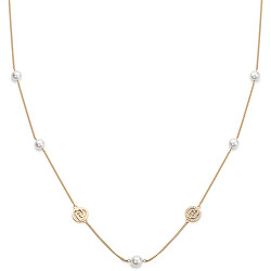 Dlhý pozlátený náhrdelník s perlami a logami Fashion LJ2095