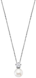 Nežný strieborný náhrdelník s čírym zirkónom a syntetickou perlou LP1800-1 / 1