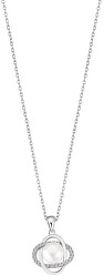 Nežný strieborný náhrdelník s čírymi zirkónmi a syntetickou perlou LP3094-1 / 1