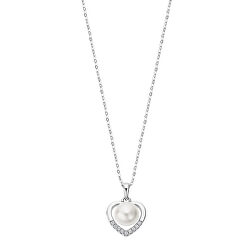 Romantický strieborný náhrdelník s čírymi zirkónmi a syntetickou perlou LP3308-1 / 1