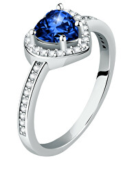 Trblietavý strieborný prsteň Srdce s modrým zirkónom Tesori SAVB150