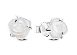 Stříbrné náušnice Rozkvetlá bílá růže 293209C01