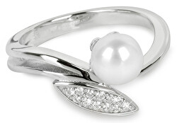 Elegantní stříbrný prsten se zirkony a perličkou SC215