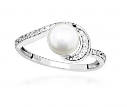 Stříbrný prsten s kubickými zirkony a pravou perlou SC496