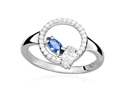 Stříbrný prsten se zirkony a syntetickým safírem Colored stones SC628